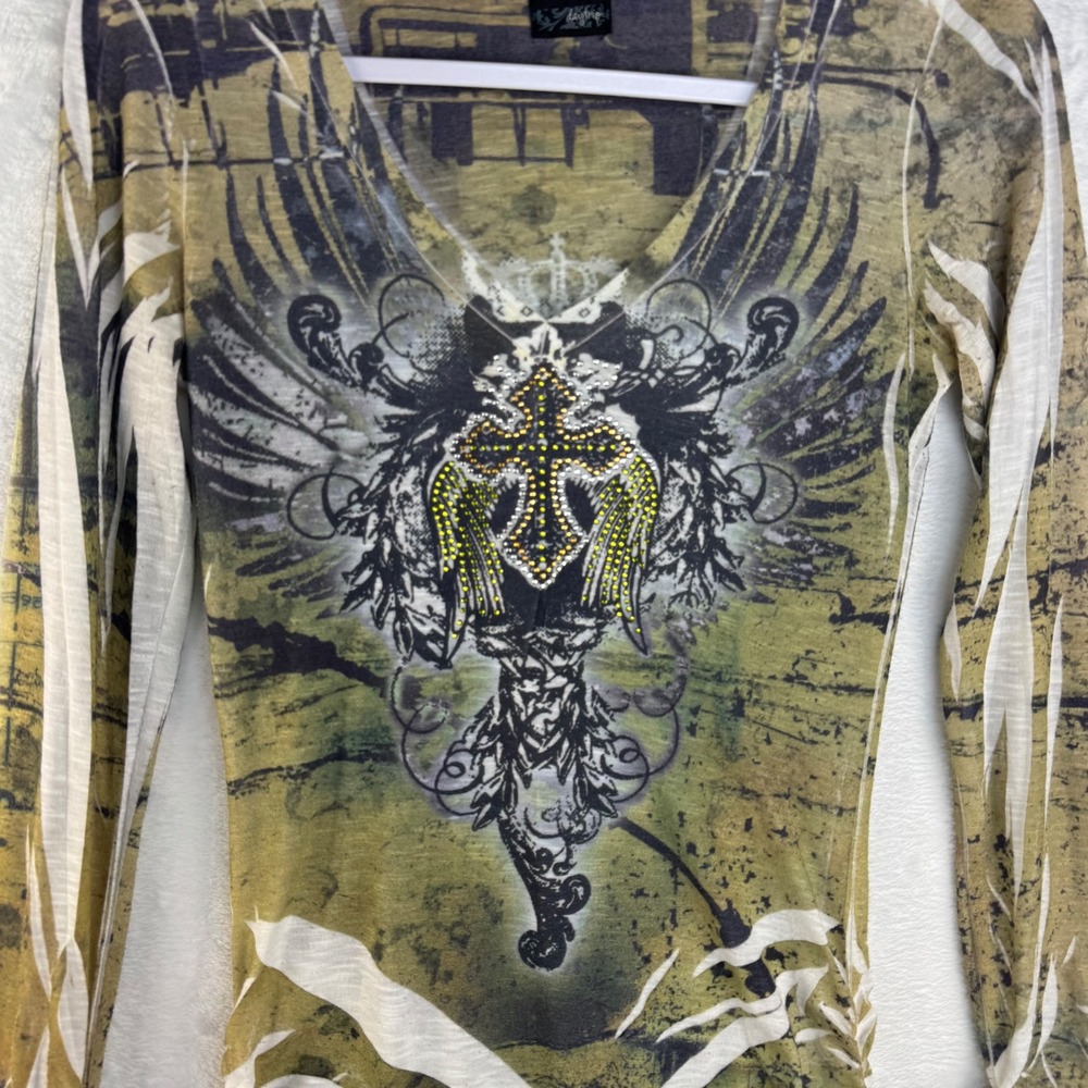 Daytrip Womens Long Sleeve Graphic Tee Olive Green Winged Cross Rhinestone‎ S - Picture 5 of 6